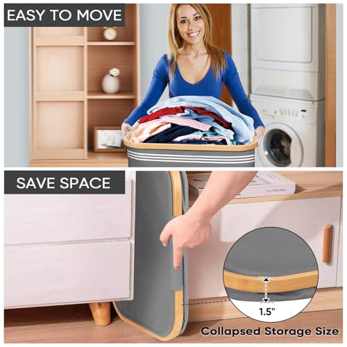 BALEINE Laundry Hamper with Lid, Tall Laundry Baskets with Bamboo Pull Handles, Large Laundry Bin with Internal Support (18 Gal/70L, Grey Pinstripe) - color: Grey Pinstripe, size: 70 liters