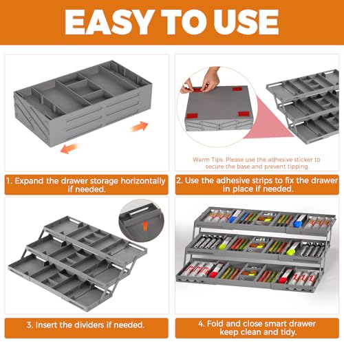 3 Tier Drawer Organizer - Expandable Junk Drawer Organizers Smart Office Supply Organizer, Folding Drawer Storage Multi-level Desk Organizer for Makeup,Jewelry,Cosmetics,Kitchen Storage (1 Row 3 Tier) - color: Grey, size: 1 Row 3 Tier