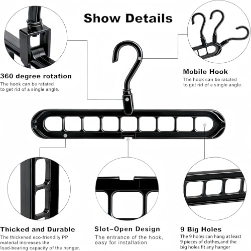 10pcs 9-Hook Rotating Hanger Organizer, 20lb Heavy Duty Space Saving Closet Organizer for Dorm Room & Apartment, 360° Swivel Hanger Holder Compatible with Plastic Black Hangers - color: Black, size: 10