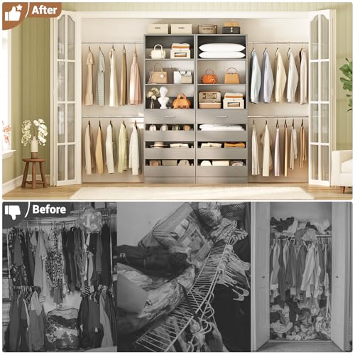 Aheaplus Closet System, 6-15Ft Closet Organizer with 8 Wooden Drawers, Wood Closet Organizer System with Tower, Walk-in Closet Organizer Wardrobe Garment Clothes Rack with 4 Hanging Rods, Grey - color: Grey