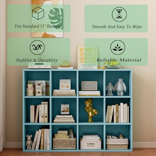OSCHF 12-Cube Storage Shelf Bookcase - Wooden 3-Tier Floor Standing Open Bookshelf for Home and Office, Display Cabinet, Light Blue - color: Light Blue, size: 12-Cube