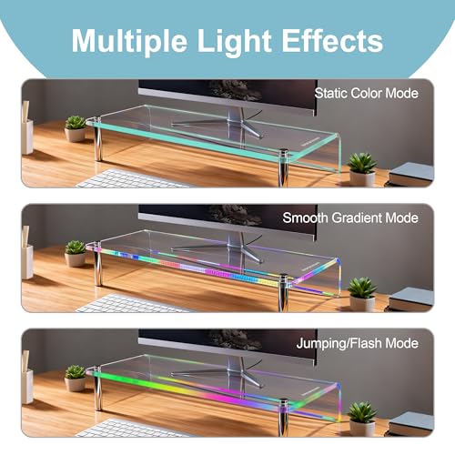Acrylic Monitor Stand with WRGB Lights, Music Sync Clear Desk Riser with App & Button Control, Off Desktop Shelf for Gaming Setup and Home Office, Computer, Laptop, Printer, 23.6 Inch