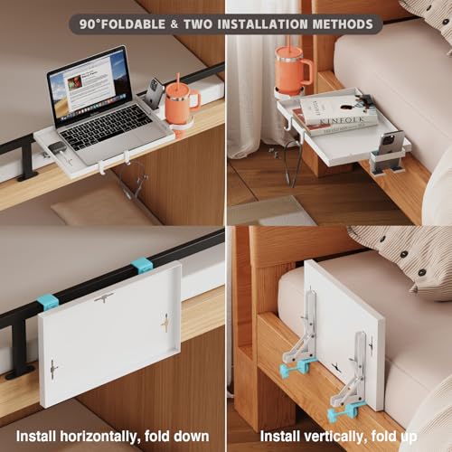 Magheo Bedside Shelf Foldable, Metal Clip-On Bed Shelf for Top Bunk Heavy Duty Bed Side Table Tray for College Dorm Essentials, Loft Nightstand Organizer Tray with Removable Cup & Phone Holder(White) - color: White