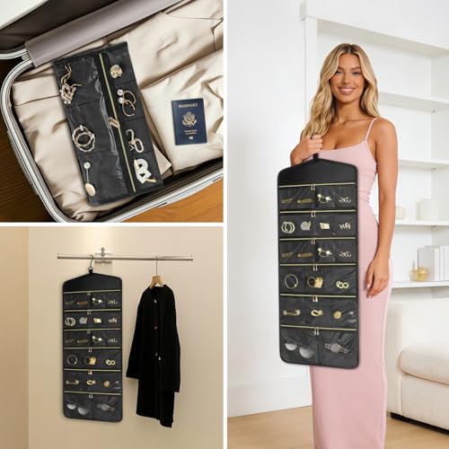 CHICECO Hanging Jewelry Organizer With Zippered Pockets,40 Pockets Travel Jewelry Organizer Storage for Cloest,Wall,Door - color: Black