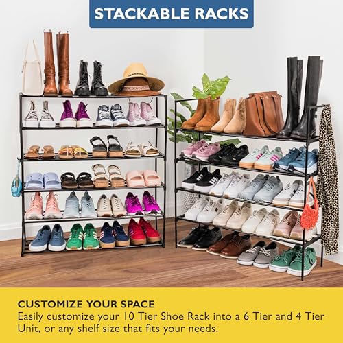 Sundaze Shoe Rack - 10 Tier Metal Shoe Rack for Front Door Entrance, Sturdy Tall Shoe Organizer for Closet, Bedroom, Entryway, Garage, Black Metal Shoe Shelf, Holds Up to 50 Pairs