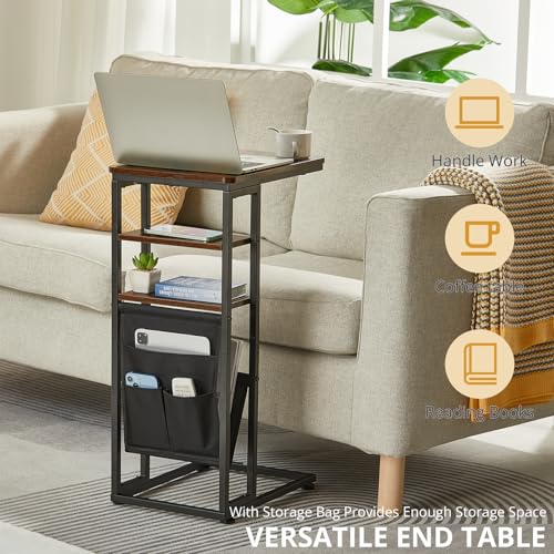 C Shaped End Table 28"(H) 3-Tier C Table with Storage Bag, Under Couch Table C-Shaped End Table with Storage Shelves and Bag for Living Room, Bedroom, or Office - color: Black, size: Wood