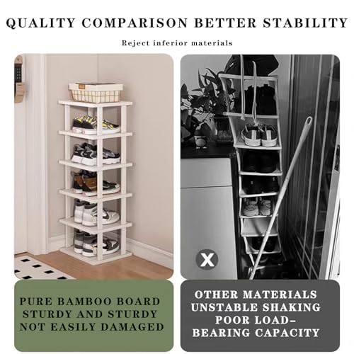 Bamboo Shoe Rack 12 Tier- Vertical Shoe Rack for Small Spaces, Tall Narrow Shoe Rack Organizer for Closet Entryway Corner Garage and Bedroom,Skinny Shoe Shelf with Free Stackable DIY White Storage - color: White, size: 12-tier