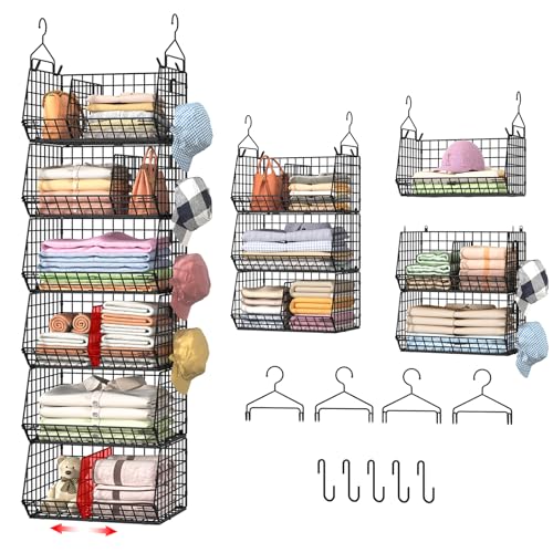 6 Tier Extra Large Hanging Storage Organizer,Hanging Closet Shelves with Dividers,Closet Organizer Wire Shelf with 5 S Hooks,Bedroom,Laundry Storag-Black - color: Black, size: 6-Tier