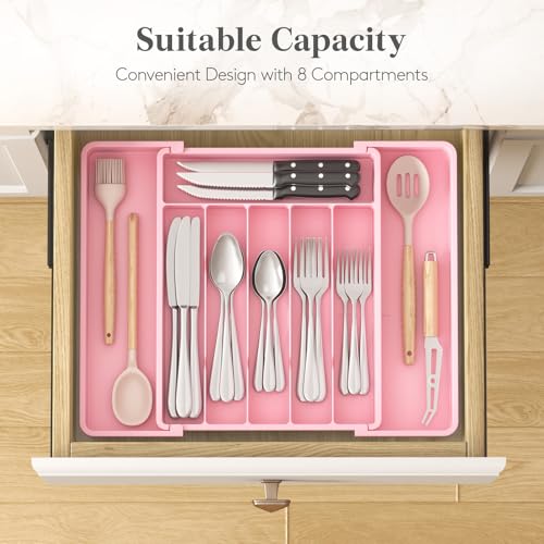 Lifewit Silverware Drawer Organizer, Expandable Utensil Tray for Kitchen, BPA Free Flatware and Cutlery Holder, Adjustable Plastic Storage for Spoons Forks Knives, 10.9"-17.5" x 13.7", Pink - color: Pink, size: Large (11-18''W x 14''D)