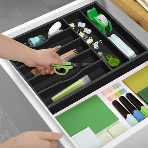 ROYAL CRAFT WOOD Luxury Bamboo Kitchen Drawer Organizer - Silverware Organizer - Utensil Holder and Cutlery Tray with Grooved Drawer Dividers for Flatware and Kitchen Utensils (7 Slot, Black) - color: Black, size: 7 Slot