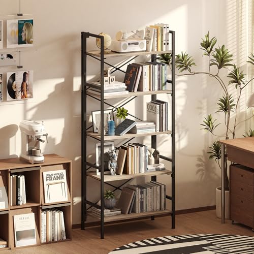 Homeiju Folding Bookshelf,5 Tier Bookcase Foldable Shelf with X-Bracket Design, Adjustable Feet, Space Saving Storage for Living Room, Office - color: Brownish, size: 5 Tier