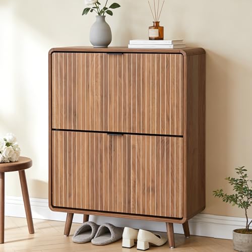 FurSch Fluted Shoe Storage Cabinet with 2 Flip Drawers, Narrow Shoe Rack Cabinet Organizer with Adjustable & Removable Shelves for Entryway (All Walnut, 2 Drawers) - color: All Walnut, size: 2 Drawers