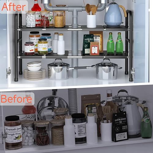 Expandable Under Sink Organizer with 10 Removable Panels, Adjustable Storage 2-Tier Shelf for Kitchen, Bathroom, Pantry,Multi-Purpose Expandable Cabinet Shelf Rack (19-35.5 Inch) (brown, Large) - color: Brown, size: Large