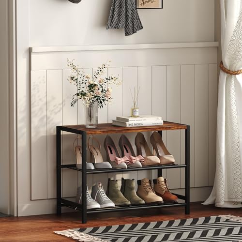 Yusong Shoe Rack Organizer, 3 Tier Industrial Shoe Storage Shelf for Closet Entryway, Narrow Sturdy Metal Shoe Shelves, Rustic Brown - color: Rustic Brown, size: 3 Tier