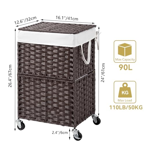 Chrislley 90L Slim Laundry Hamper with Wheels, Rolling Laundry Basket with Lid and Renovable Liner Bag, Handwoven Rattan Organizer for bedroom, bathroom, laundry room (Brown) - color: Brown
