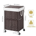 Chrislley 90L Slim Laundry Hamper with Wheels, Rolling Laundry Basket with Lid and Renovable Liner Bag, Handwoven Rattan Organizer for bedroom, bathroom, laundry room (Brown) - color: Brown