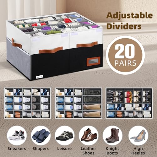 Supowin Shoe Organizer for Closet, Foldable Shoe Storage Bins with Lid & Adjustable Dividers, Fabric Shoe Box Storage Containers with Four Reinforced Handles, Fits 20 Pairs, 1 Pack, Black & White - color: Black & White, size: 26"L x 17"W x 13"H