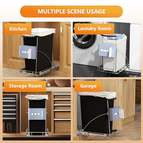 Pull Out Trash Can Under Cabinet with Garbage Bag Holder，Heavy Duty Under Sink Garbage Can Pull Out Kit-Up to 125 lb，Fit for 7–13 Gallon Cans ，Chrome (Trash Can Not Included)