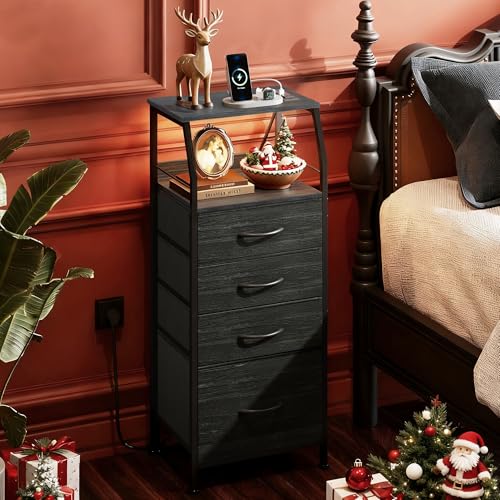 WLIVE Nightstand with Charging Station, Black Night Stand with LED Light, Tall 4 Drawer Dresser for Bedroom, 37" H Bedside Table with Fabric Storage Bins, Open Wood Shelf, Metal Frame - color: Charcoal Black Wood Grain Print, size: 4 Drawers