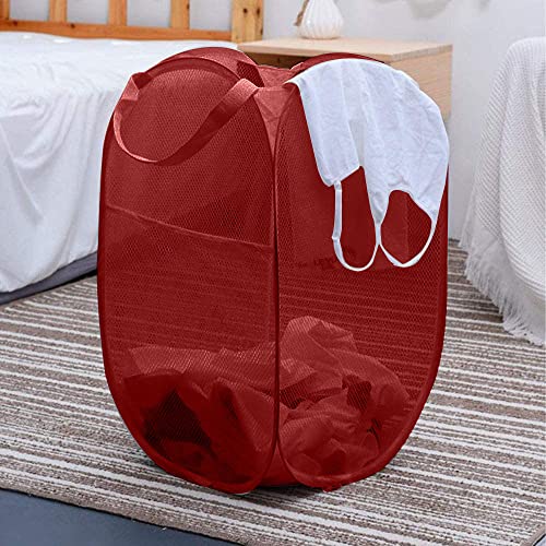 Larpur Popup Mesh Laundry Basket, Collapsible and Portable Clothes Washing Laundry Hamper with Reinforced Carry Handle (Red) - color: Red