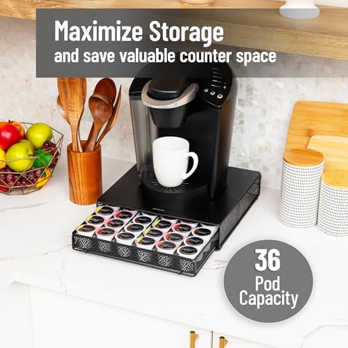 Mind Reader Single Serve Coffee Pod Drawer, 36 Pod Capacity, Countertop Organizer, Removable Dividers, Metal, Black - style: Square 36 Capacity