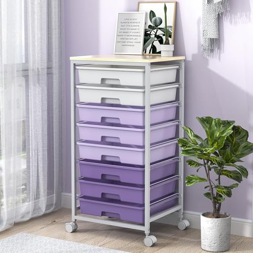 SYKIARIOL Rolling Cart with Drawers,Utility Cart With 8 Drawers and Wooden Tabletop for Living Room,Classroom,Bedroom,Bathroom,Dorm,Office,Purple - color: Purple