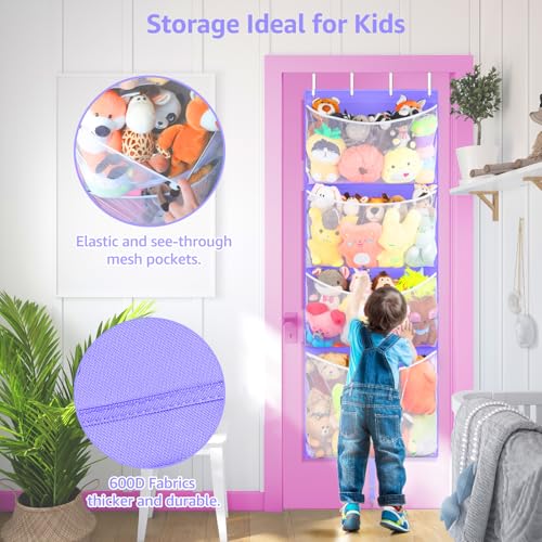 Woodoulogy Hanging Stuffed Animal Storage, Over Door Large Plush Toy Organizer with Metal Hook, Baby Accessory Holder Idea for Nursery, Doll & Bear Mesh Hammock Bag for Girl Boy Kid Room - color: Purple