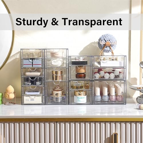 Prsildan Acrylic Drawer Organizer with 17 Drawers, Craft Office Desk Makeup Organizers Accessories, Set of 4 Clear Stackable Storage Drawers for Vanity, Countertop, Jewelry, Art Supply Organization - style: 17 Drawers