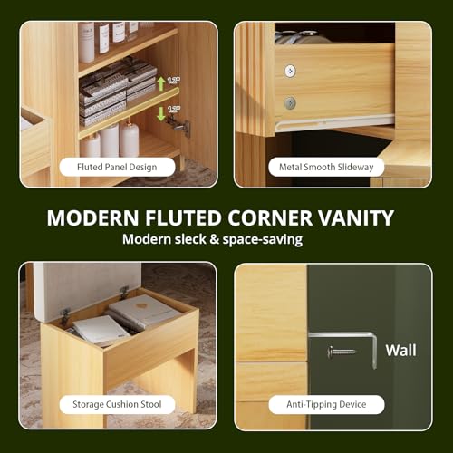 FURSUN Fluted Makeup Vanity Desk with HD 3 Way Mirror and Lights, 51" Large Corner Vanity Table with Charging Station, Dressing Table with 4 Drawers & 2 Storage Cabinets for Bedroom, Natural Oak - size: 20.0"D x 51.2"W x 56.3"H, style: Natural Oak