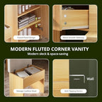 FURSUN Fluted Makeup Vanity Desk with HD 3 Way Mirror and Lights, 51" Large Corner Vanity Table with Charging Station, Dressing Table with 4 Drawers & 2 Storage Cabinets for Bedroom, Natural Oak - size: 20.0"D x 51.2"W x 56.3"H, style: Natural Oak
