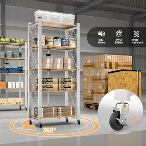 Hershii 5 Tier Foldable Storage Shelves with Wheels - Metal Collapsible Shelving Unit Display, Heavy Duty No Assembly Organizer Shelf for Garage, Kitchen, Basement, Pantry - color: Light Brown, size: 5-Tier (59.8 X 26.7 X 13.38 IN)