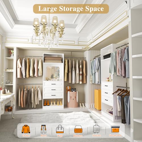 Unikito 48" W - 96” W Closet System with Mirror, 8FT Walk in Closet Organizer Kits with Drawers and 3 Extendable Hanging Rod, Sturdy Wood Clothing Garment Rack with 25” Tower, Max Load 1000 LBS, White - color: White