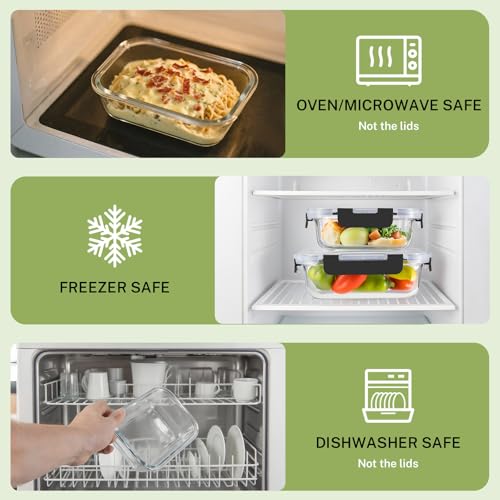 8 Pack Borosilicate Glass Food Storage Containers with Lids, Glass Meal Prep Containers, Airtight Bento Lunch Boxes with Snap Locks, Oven, Freezer and Dishwasher Safe, BPA Free, Kitchen Storage Set - color: Deep Black