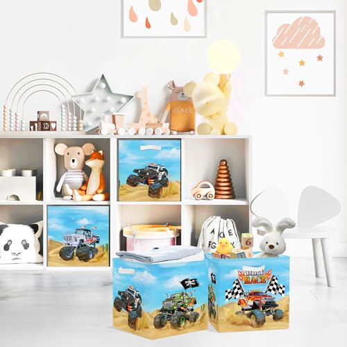 Clastyle Cars Kid Storage Cube Organizer Set Closet Clothes Cube Storage Bin Nursery Toddler Toy Box Chest Girl Boy Book Shelf Basket,Monster Truck,11.8x11.8x11.8 in - color: Monster Truck, size: 11.8x11.8x11.8 in