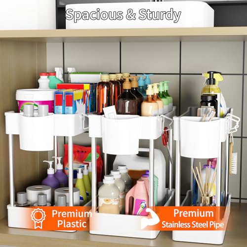 3 Pack Under Sink Organizers and Storage, 2 Tier Bathroom Cabinet Organizer Shelf with Hanging Cups for Kitchen & Bathroom (White) - color: White, size: 3 Pack