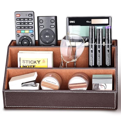KINGFOM Pu Leather Desk Organizer with 5 Compartments Holder, Multi-Functional Office Supplies Storage Caddy for Pen/Pencil, Phones, Remote Controller and Desktop Accessorie Brown - color: Brown
