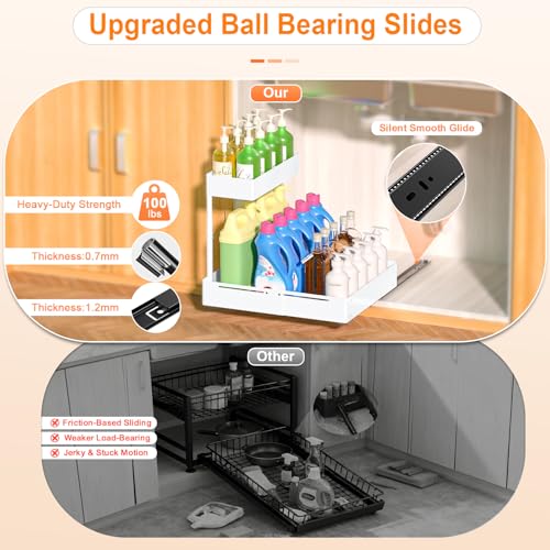 YJHome 2 Pack Expandable Under Sink Organizer, 2 Tier Pull Out Cabinet Organizer with Smooth Ball Bearing Slides, Adjustable Height Cabinet Storage Shelves for Kitchen, Bathroom, Laundry, Pantry - size: 2 Pack 9.8“-15"W