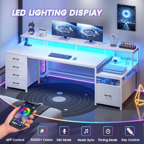 SEDETA White Computer Desk with 5 Drawer & Power Outlet, 75'' Home Office Desk with File Drawer, Storage Shelves, Printer Cabinet and Monitor Shelf, Gaming Desk with Led Lights, 23.6" W Desktop - color: White, size: 75X23.6inch