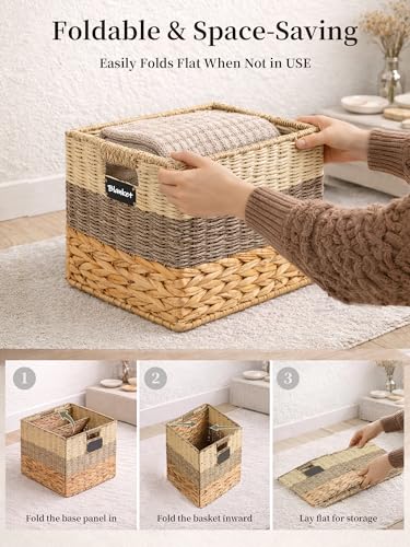 Storage Basket, 10.5x10.5x10.5 Inch Storage Cubes, Water Hyacinth Wicker Basket for Storage, Handmade Woven Baskets for Organizing, Set of 4 Wicker Storage Baskets for Shelves