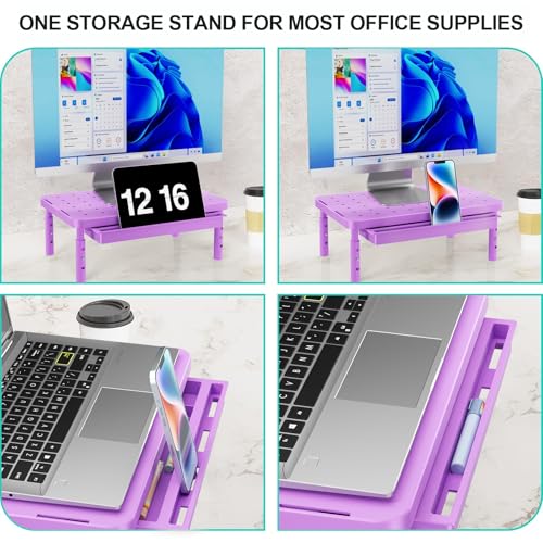 WALI Computer Monitor Stand with Storage, Desk Monitor Riser 3 Height Adjustable, Laptop Riser with Airflow Vents, Desk Organizer for Computer, Laptop, Printer (PTT002-V), 1 Pack, Violet - color: Violet, size: with Drawer