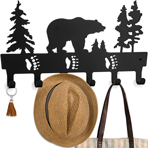 Coat Rack Wall Mount with 6 Hooks, Metal Bear Coat Hanger for Hanging Hat, Clothes, Robe, Keys, Backpack, Towels, Jacket, Purse - Closet, Door, Entryway, Bathroom, Bedroom (Black)