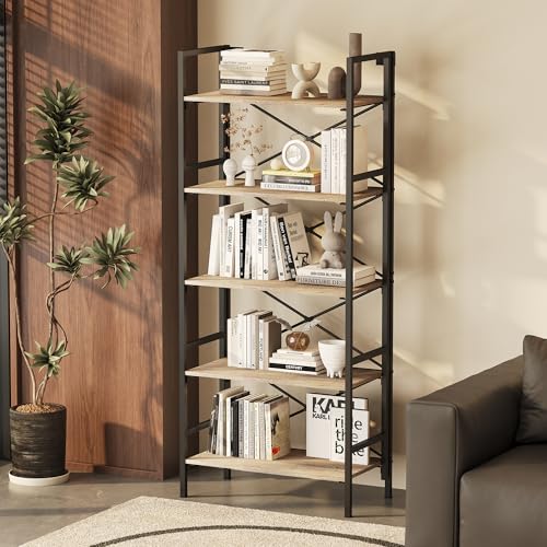 Homeiju Folding Bookshelf,5 Tier Bookcase Foldable Shelf with X-Bracket Design, Adjustable Feet, Space Saving Storage for Living Room, Office - color: Brownish, size: 5 Tier