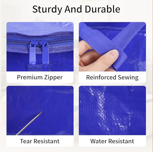 4 Pack-Extra Large Heavy Duty Moving Bags - Waterproof Storage Totes with Handles & Zippers, Foldable for College Dorm, Storage (Blue) - color: Blue, size: 4