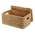 Hipiwe Rattan Basket with Lid Rectangular Lidded Basket Natural Hand-Woven Wicker Storage Basket Bin for Shelf Organizing Picnic Food Bread Table Storage Basket, 12"x7.9"x 5.9" - size: 12"L x 7.9"W x 5.9"H