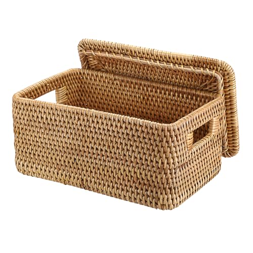 Hipiwe Rattan Basket with Lid Rectangular Lidded Basket Natural Hand-Woven Wicker Storage Basket Bin for Shelf Organizing Picnic Food Bread Table Storage Basket, 12"x7.9"x 5.9" - size: 12"L x 7.9"W x 5.9"H