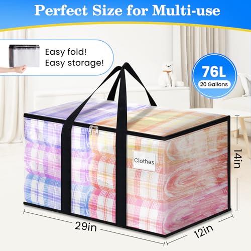 BlissTotes 6-Pack Large Moving Bags with Backpack Straps & Strong Zippers, Heavy-Duty Storage Bags Moving Boxes for Space Saving, Dorms, Transport, 76L-20 Gallons, Clear - size: 20 Gallons