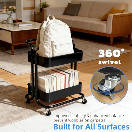 2 Tier Rolling Utility Cart with Wheels All-Metal Short Pantry Cart Under Desk Storage Trolley with Handle, Small Rolling Storage Shelf for Small Space Kitchen Laundry Room Bathroom, Black - color: C-black