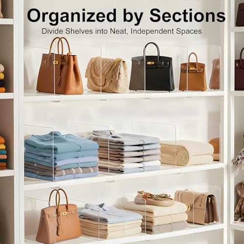 Purse Organizer for Closet Shelf Dividers: 12-Pack Adjustable Clear Acrylic Bag Storage Organizer for Handbags, Sweaters, Towels, Jeans and Shoes on Wood Shelves - color: Clear:12-pack, size: Standard: 8" Tall x 12" Deep