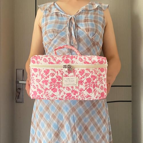 Pink Large Quilted Floral Makeup Bag Cute Soft Coquette Aesthetic Cosmetic Bag Cotton Travel Toiletry Bag for Women - color: A-Pink