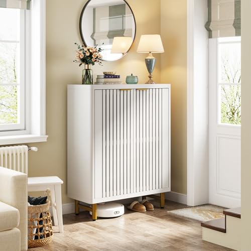 Tribesigns 6-Tier Shoe Cabinet with Shutter Doors, Large Wooden Shoe Organizer Rack with Adjustable Shelves, Modern Farmhouse Hidden Storage Furniture for Entryway, Hallway (White) - color: White